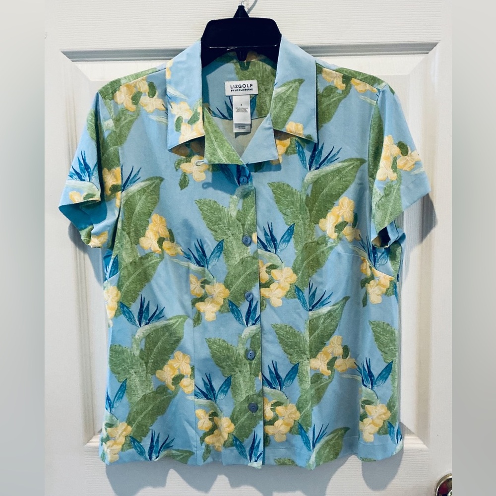 Clairborn Boho Silk Tropical Floral Relaxed Resort Blouse Athletic Womans Size 6
